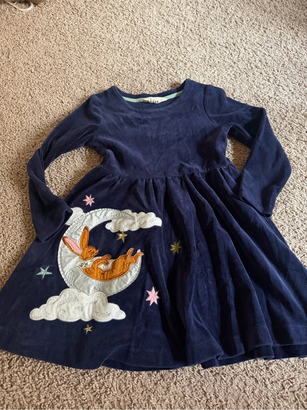 Mini Boden Navy velvet Long-Sleeve Dress with Moon & Bunny Embroidery